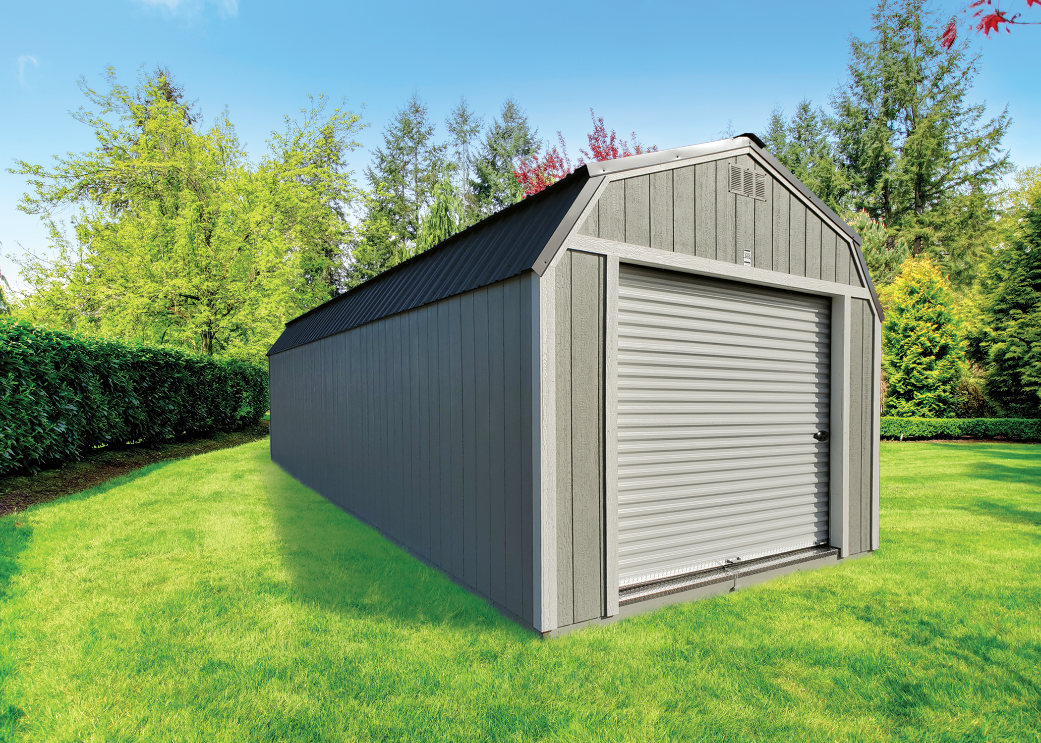 12x32 Painted Lofted Garage with Gap Gray Exterior, White Trim, and Burnished Slate Metal Roof